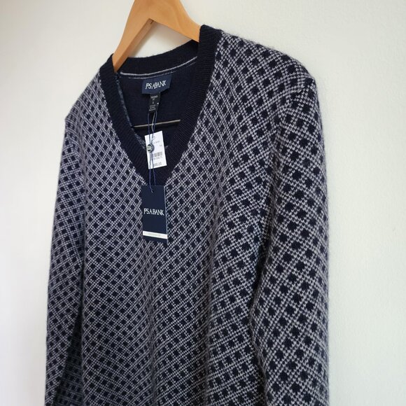 S Sweater Blue New Jos A Bank Small V Neck Nwt Winter Wool Blend Navy Diamond Sz - Picture 14 of 17